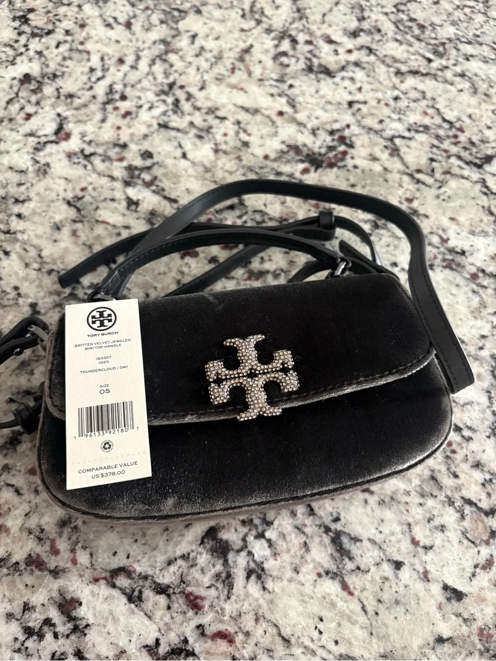 Tory Burch Black Velvet Mini Bag with Crystal Logo